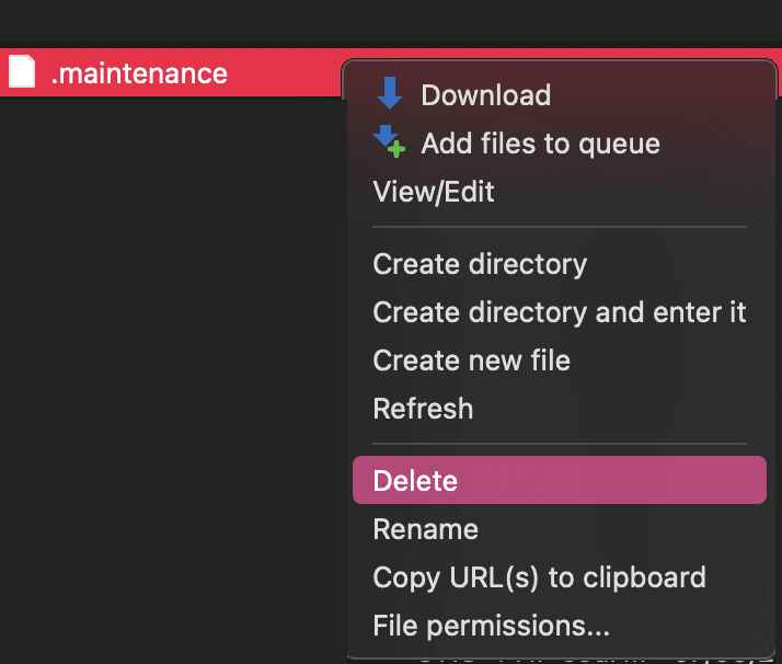 FTP client showing the .maintenance file selected for deletion